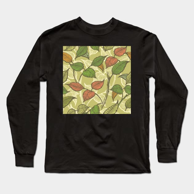 Retro Leaves Seamless Pattern Long Sleeve T-Shirt by devaleta